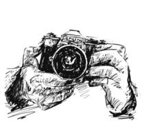 Drawing of hand holding a vintage camera vector