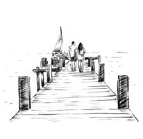 bosquejo de el Pareja caminar en el de madera puente a playa vector