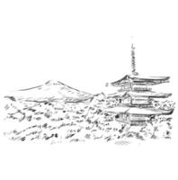 Drawing of Chureito Pagoda and Fuji Mountain vector