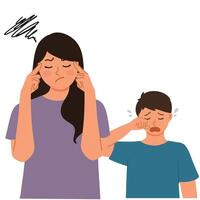 stressed mother and crying son illustration vector