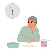 a man waiting for break fasting while looking at clock illustration vector