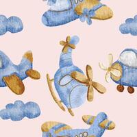 Cute Blue Watercolor Plane and Helicopter Seamless Pattern vector