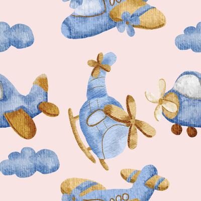 Cute Blue Watercolor Plane and Helicopter Seamless Pattern