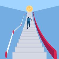 personas corriendo arriba el escalera hacia oro monedas a el parte superior de negocio, un metáfora de el camino a negocio éxito vector