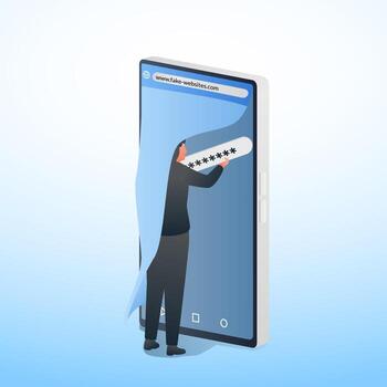 hacker taking password from phone, metaphor of stealing password vector