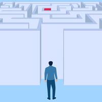 People standing in front of a maze towards the center, business challenge metaphor vector