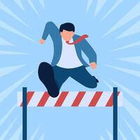 Man running jumps over obstacles in front of him, business challenge metaphor vector