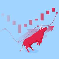 The bull raises its two front legs jumping over the graph, a metaphor for rising share prices in the stock market vector