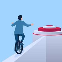 People ride one wheel towards target via narrow road, business challenge metaphor vector