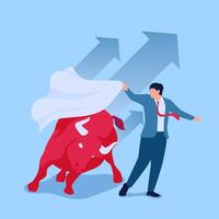 matador waving a cloth deceives an angry bull, metaphor of rising share prices in the stock market vector