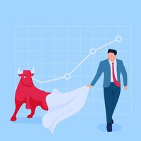 matador holding cloth away from bull, metaphor of rising share prices in stock market vector