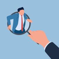 a big hand holding a magnifying glass and a potential new employee coming out of it, a metaphor for recruiting vector
