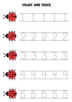 Count cute ladybugs and trace numbers. Educational worksheet for kids. vector