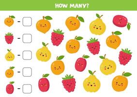 Counting game with cartoon fruits and berries. Math worksheet. vector