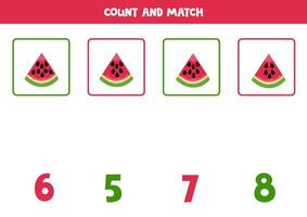 Counting game for kids. Count all watermelon seeds and match with numbers. Worksheet for children. vector