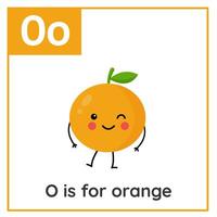 Fruta y vegetal alfabeto tarjeta de memoria flash para niños. aprendizaje letra o o es para naranja. vector