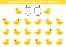 Left or right with cute cartoon yellow rubber duck. Logical worksheet for preschoolers. vector