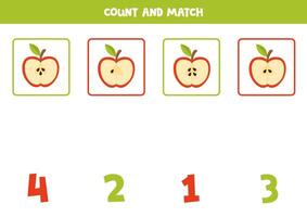 Counting game for kids. Count all apple seeds and match with numbers. Worksheet for children. vector