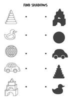 Find the correct shadows of black and white toys. Logical puzzle for kids. vector