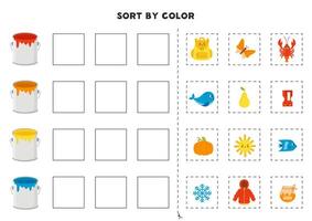 ordenar imágenes por color. básico colores para niños. juego para niños. cortar y pegamento. vector