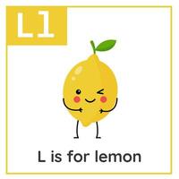 Fruit and vegetable alphabet flashcard for children. Learning letter L. l is for lemon. vector