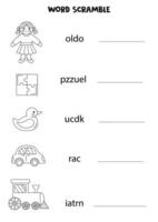 Puzzle for kids. Word scramble for children. Black and white toys. vector
