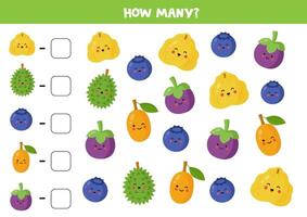 Counting game with cartoon fruits and berries. Math worksheet. vector