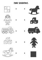 Find the correct shadows of black and white toys. Logical puzzle for kids. vector