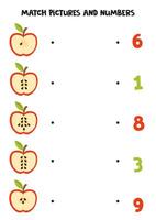 Match cute cartoon apple halves and numbers. Educational math game for kids. vector