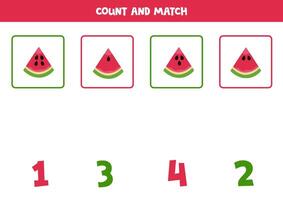 Counting game for kids. Count all watermelon seeds and match with numbers. Worksheet for children. vector