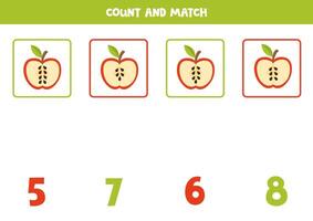 Counting game for kids. Count all apple seeds and match with numbers. Worksheet for children. vector