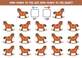 Left or right with cute cartoon rocking horse. Logical worksheet for preschoolers. vector