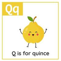 Fruta y vegetal alfabeto tarjeta de memoria flash para niños. aprendizaje letra q. q es para membrillo. vector