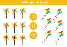 Grater, less or equal with cute cartoon kites and pinwheels. vector