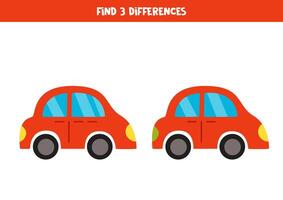 Find 3 differences between two cute cartoon toy cars. vector