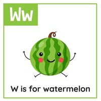 Fruit and vegetable alphabet flashcard for children. Learning letter W. W is for watermelon. vector