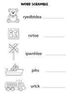 Puzzle for kids. Word scramble for children. Black and white toys. vector