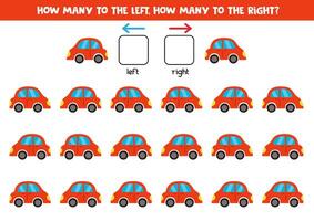 Left or right with cute cartoon red toy car. Logical worksheet for preschoolers. vector