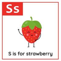 Fruit and vegetable alphabet flashcard for children. Learning letter S. S is for strawberry. vector