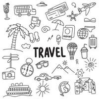 Collection of travel icons set in doodle style. Hand drawn art. vector