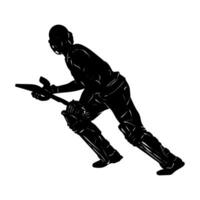 Set of batsman silhouette playing cricket on the field. Black and white vector