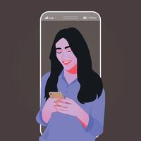 un joven asiático mujer es participación un teléfono inteligente ilustración vector