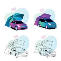 Set of car insurance concept illustration. Umbrella that protects automobile vector
