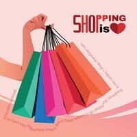 Handholding shopping bags with typography shopping is love vector