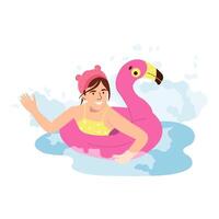 Children beach activities and fun. Little girl swimming in sea on flamingo swimming circle, relax outdoors. Adorable child having fun on holidays Flat illustration isolated on white background vector