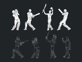 Set of batsman playing cricket line art in black background illustration vector