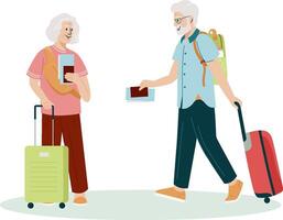 illustration of elderly tourist with laggage and handbag. Old man and woman with suitcases. Cartoon illustration aged persons on their journey isolated. Traveling and tourism concept vector