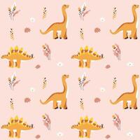 colored seamless repeating pattern for children with cute dinosaurs, plants and flowers in Scandinavian style on a pink background. Design for a girl in pastel colors with pink and yellow dino. vector