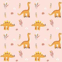 colored seamless repeating pattern for children with cute dinosaurs, plants and flowers in Scandinavian style on a pink background. Design for a girl in pastel colors with pink and yellow dino. vector