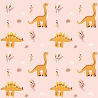 de colores sin costura repitiendo modelo para niños con linda dinosaurios, plantas y flores en escandinavo estilo en un rosado antecedentes. diseño para un niña en pastel colores con rosado y amarillo dinosaurio vector